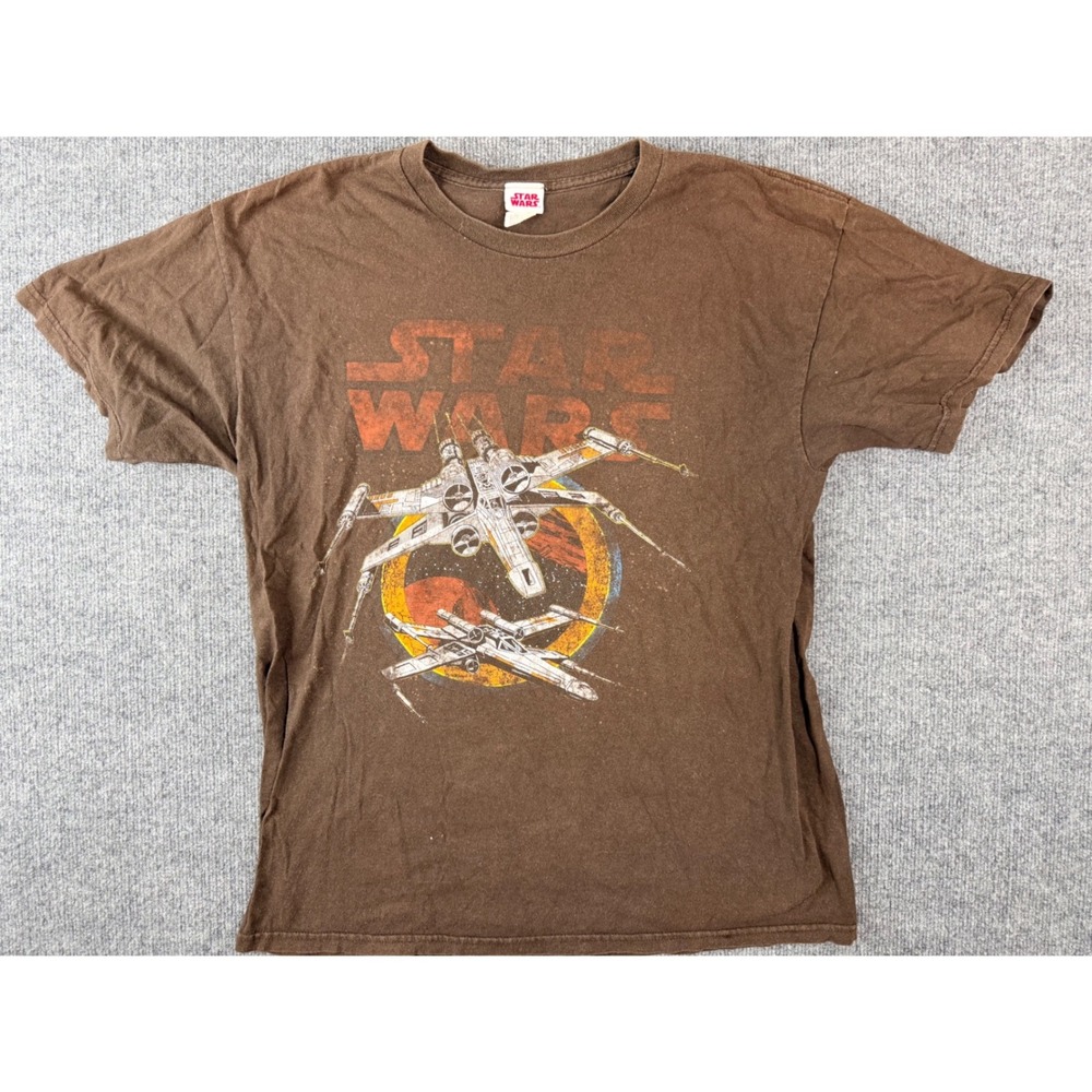 Vintage Star Wars T Shirt Mens Large Brown X-Wing Graphic Y2K 90s Cotton Tee